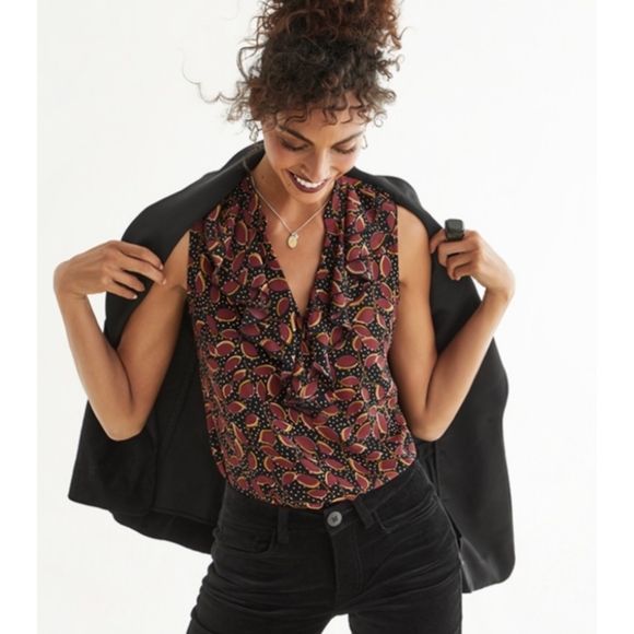 Cabi Ruffle Neck Leaf Print Blouse - Picture 1 of 10